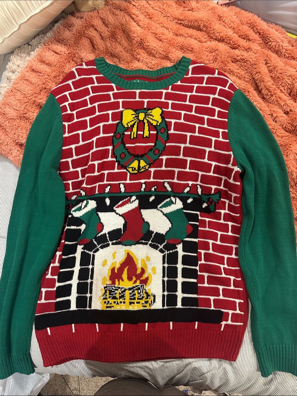 Green & Red Holiday Fireplace Crewneck Sweater
